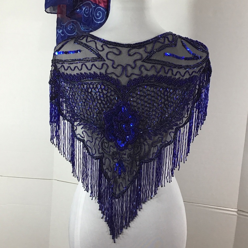 Western Fashion vintage cobalt Blue Beaded Shawl